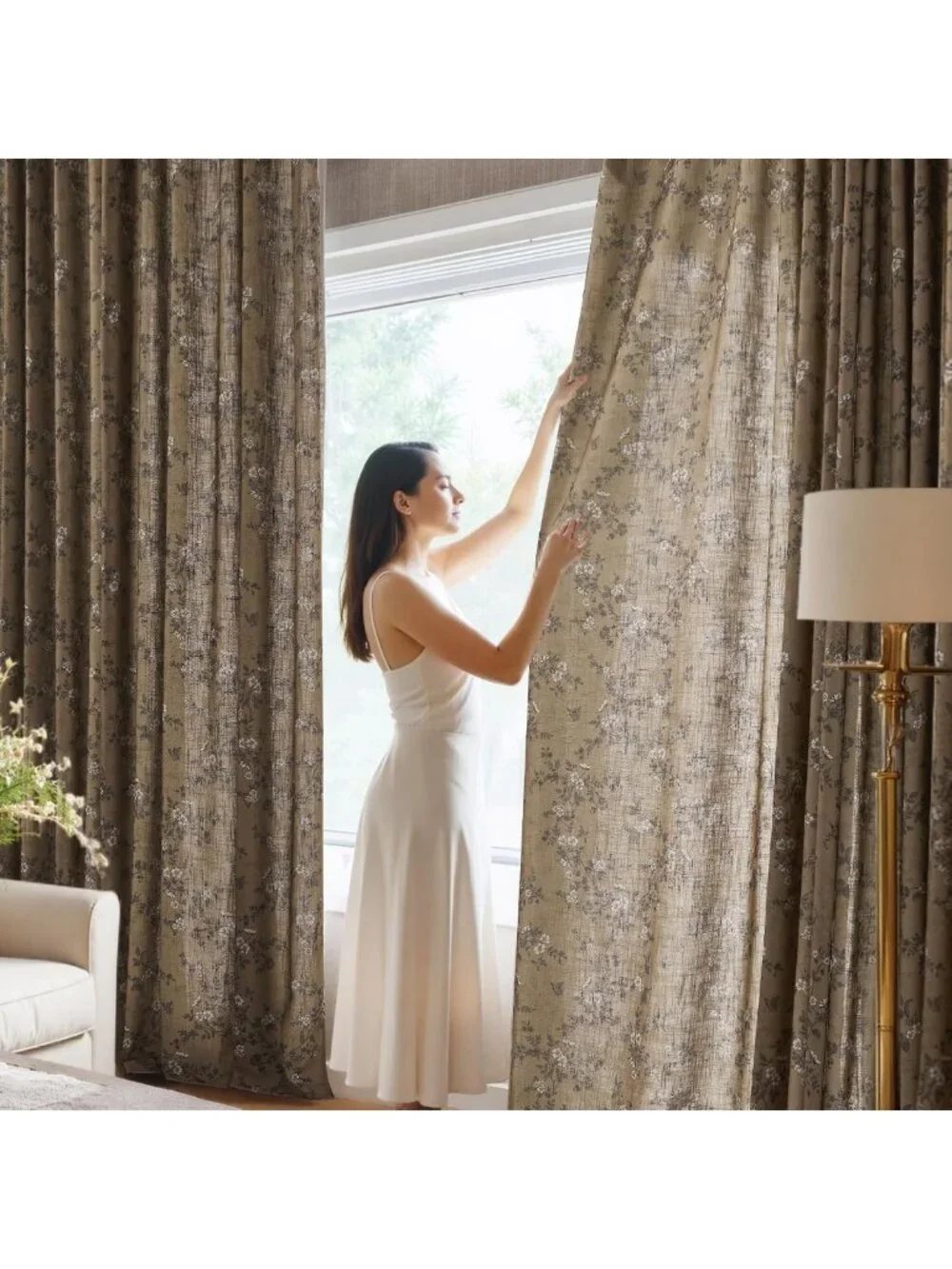 Floral Print Brown Linen Curtains, 2 Panels, W52 x L84 - Elegant Home Decor
